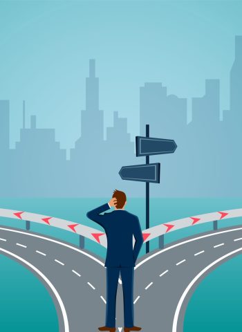 Businessmen standing on the road the crossroad. Concept of important choices of a business. Decide direction. Human standing choice of ways. illustration cartoon vector